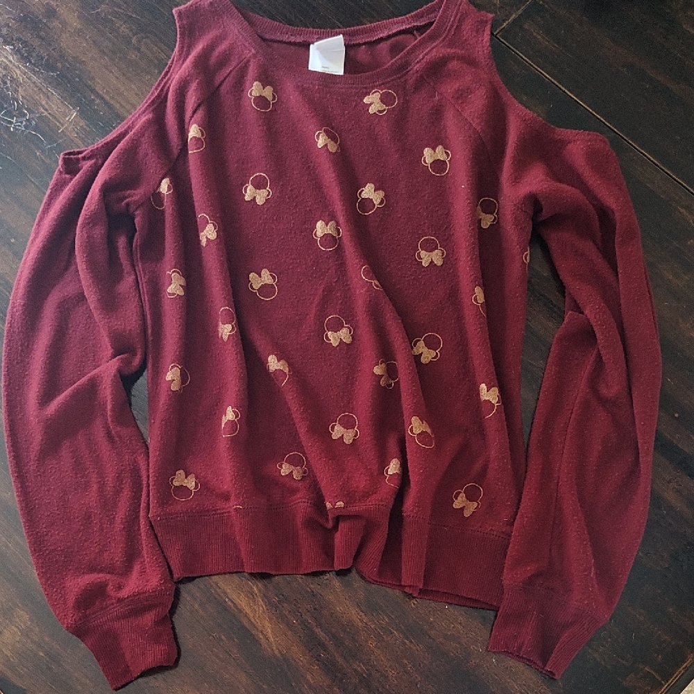 Women's Disney Burgundy Cold Shoulder Sweater with Gold Minnie Mouse Accents